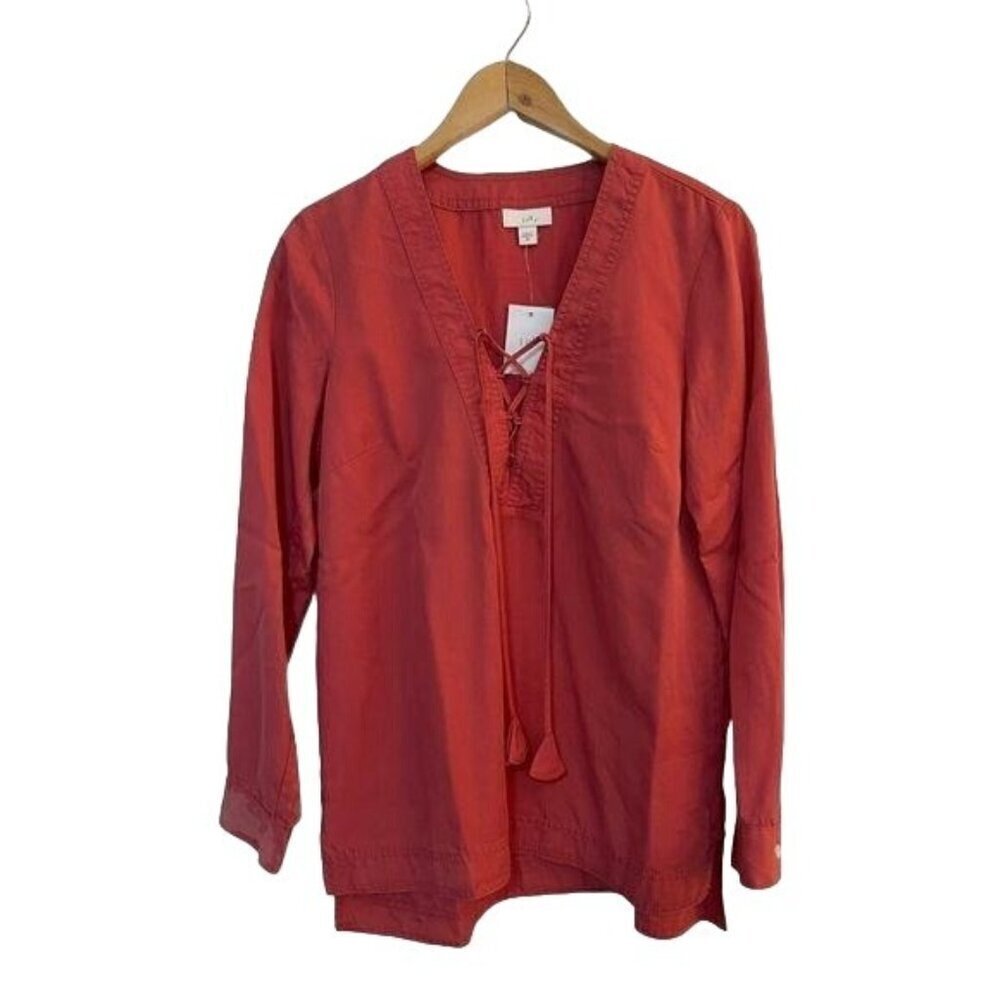 NWT‎ J. Jill Long Sleeve Shirt 100% Tencel Criss-Cross Tie Front Salmon XS
